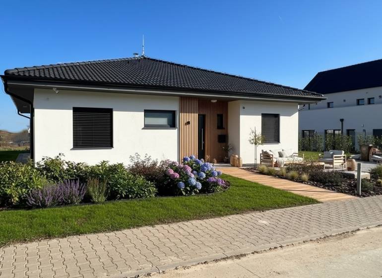 A family house in Madunice on Madunice street with colorful flowers and a paved walkway.