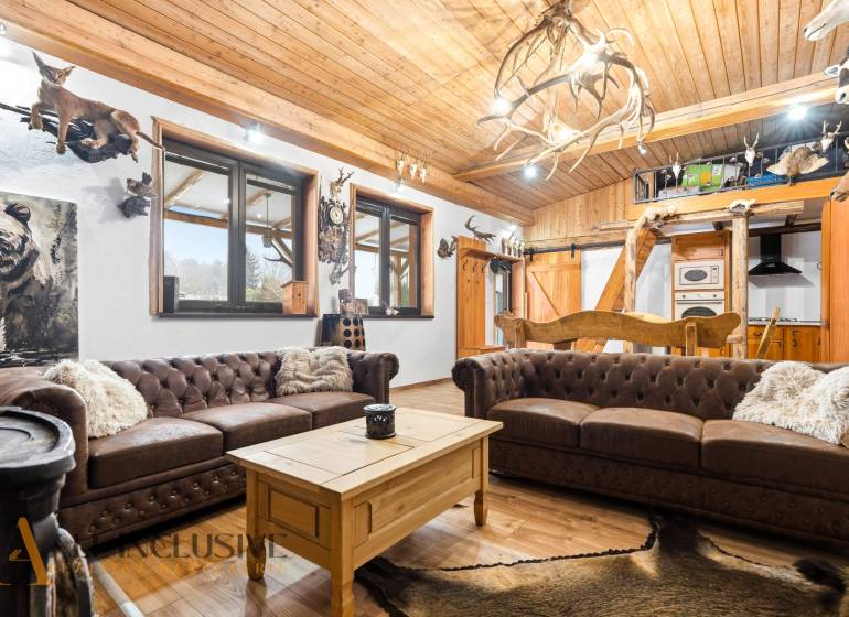 Living room in a family house with sofas, animal decorations, and a wooden-patterned floor.