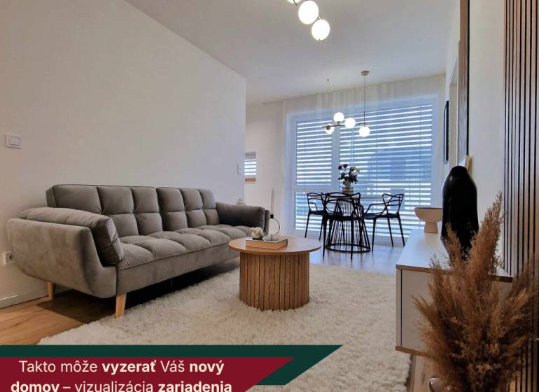 Living room with wood-patterned flooring, a sofa, and a dining table in a 3-room apartment.