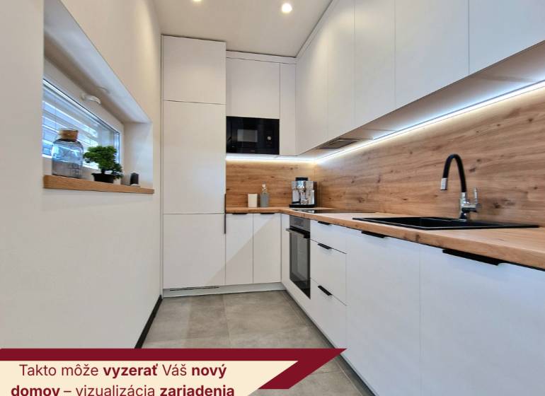 White kitchen in a 3-room apartment with wooden decor and modern appliances.