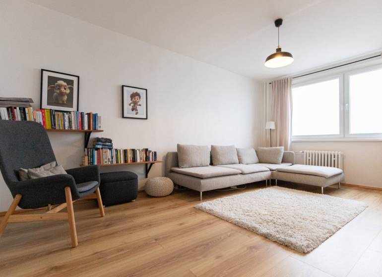 Living room with a sofa, bookshelf, and decor; floor with wood decor, 3-room apartment.