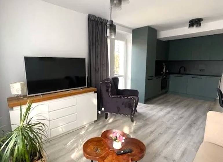 Living room with a TV and kitchen in a 3-room apartment, floor with wooden decor.