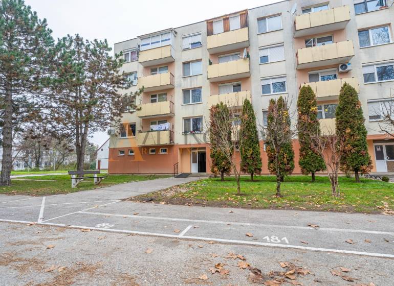 Apartment building on Školská Street in Kolárovo, parking spaces and trees in the vicinity.