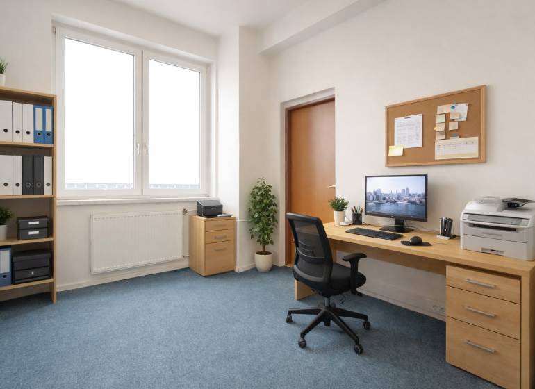 Offices with a desk, computer, and a shelf with documents on a light carpet.