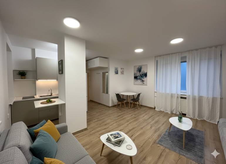 Studio apartment with a seating area, kitchenette, and wood-patterned flooring.