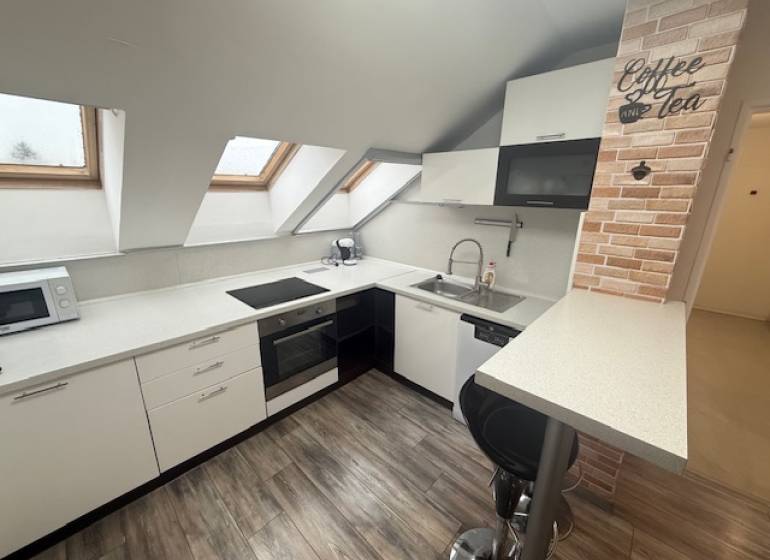 A kitchen area in a studio apartment with a wooden decor floor and skylights.