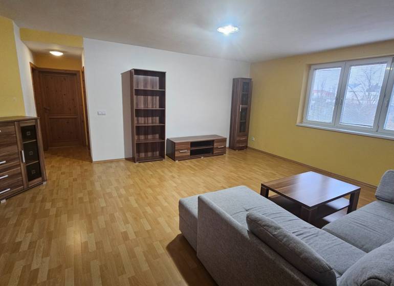 A large living room in a three-room apartment with a comfortable sofa and wooden decor.