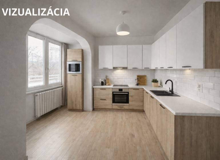 A kitchen in a 3-room apartment with a wood-patterned floor and built-in appliances.