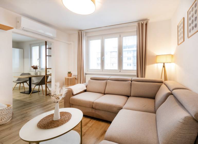 A bright living space in a two-room apartment with a wooden decor floor and a comfortable sofa.