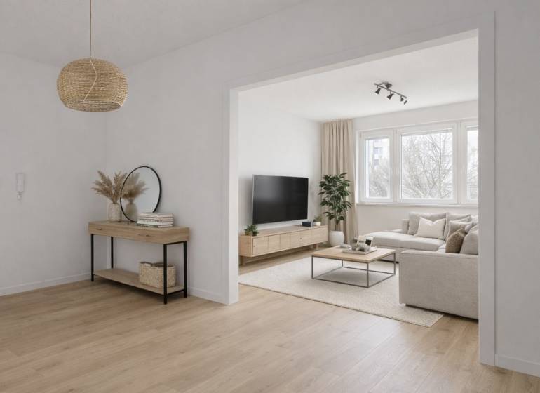 A bright living room with a sofa set, wood-patterned flooring, and a television in a four-room apartment.
