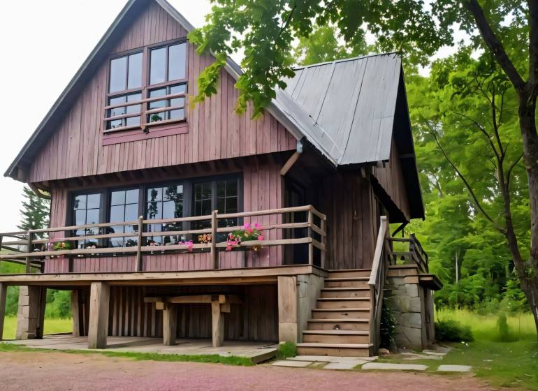 A wooden cottage in Kováčová surrounded by greenery with blooming flowers on the terrace.