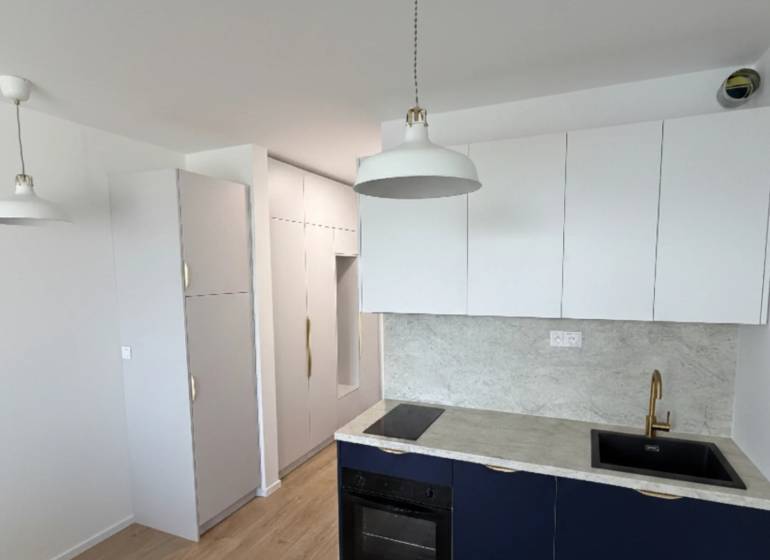 A studio apartment kitchen with light cabinets, a gray countertop, and a wood-patterned floor.