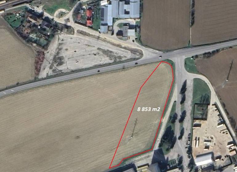 Aerial view of commercial land in Trenčianske Bohuslavice, bordered by a red line.