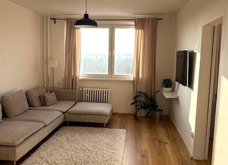 Living room in a three-room apartment with a wooden decor floor and a light sofa.