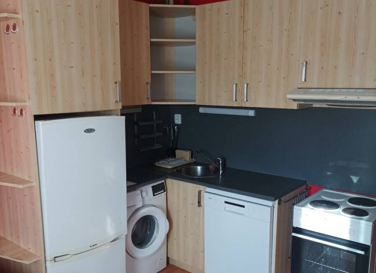 A kitchenette with wooden decor and appliances in a studio apartment.
