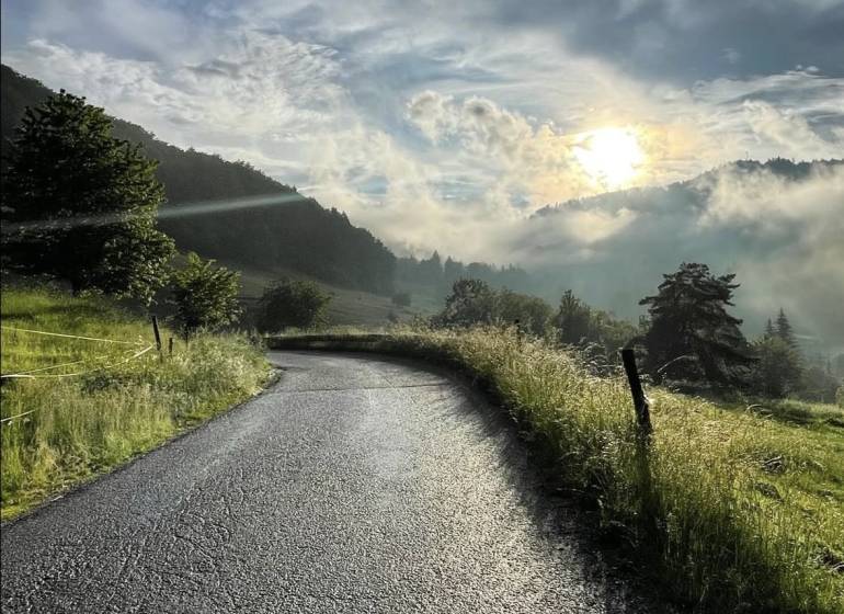 A road in agricultural and forest lands in Malachovo at sunrise.