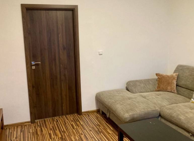 Living room with a sofa, wooden decor flooring, and dark doors in a 3-room apartment.