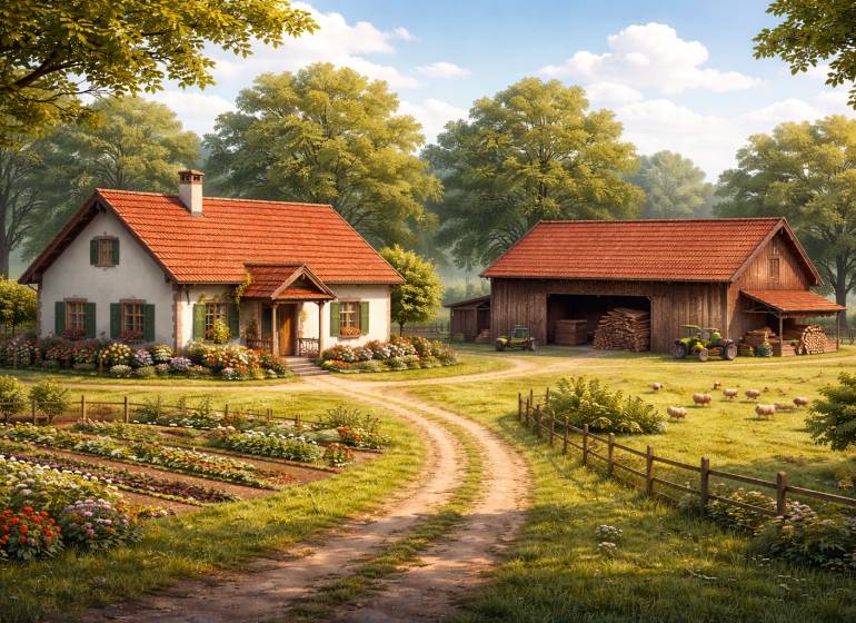 A family house in Zákopčie surrounded by flowers, a garden, and fields, next to a barn with a tractor.