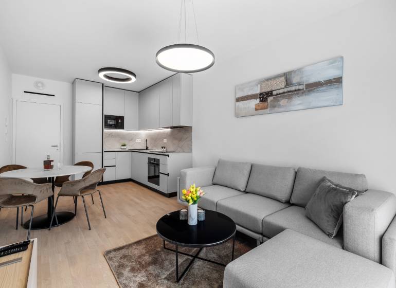 Stylish living room and kitchen in a two-room apartment with a wooden decor floor.