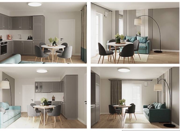 Interior of a 3-room apartment with a kitchen, dining table, and living area. Floor with wood decor.