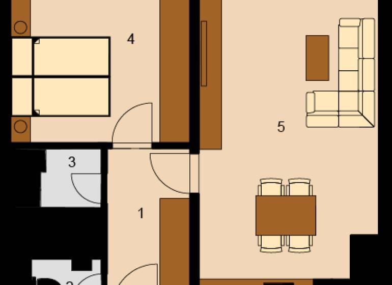 Floor plan of a 2-room apartment: bathroom, toilet, hallway, bedroom, living room with kitchen.