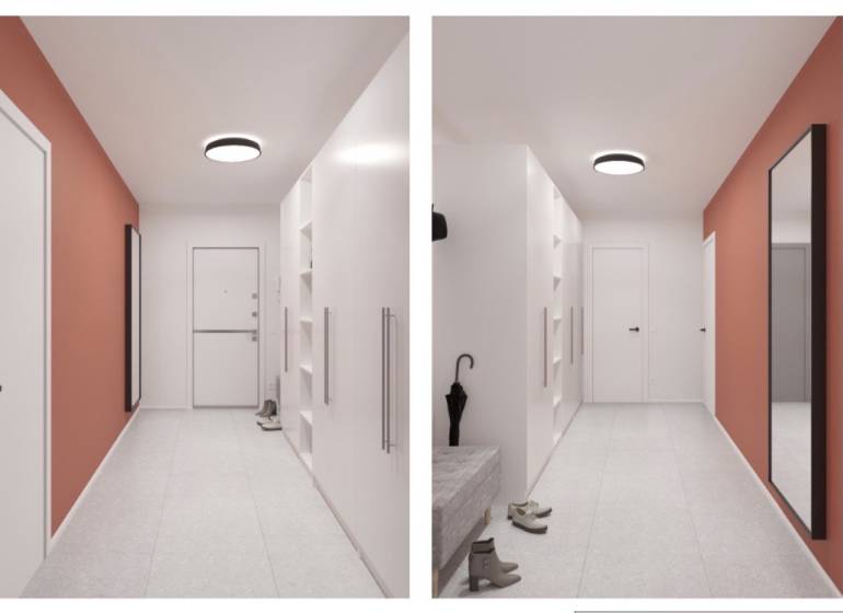 Built-in wardrobes and a shoe cabinet in the hallway of a 2-room apartment. Light colors dominate.