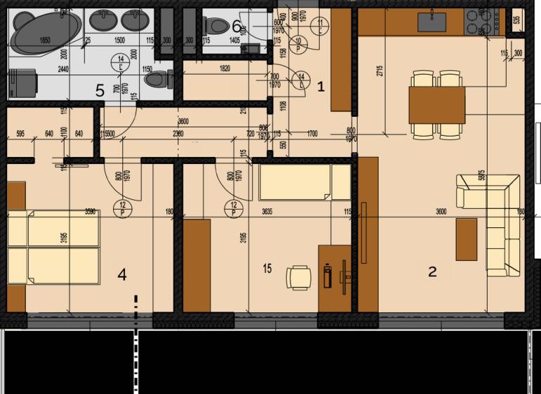 Floor plan of a 3-room apartment with furnishings, bathroom, kitchen, and wooden decor flooring.