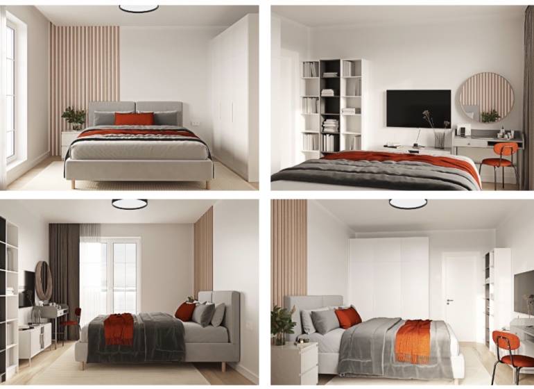 A bright bedroom with an upholstered bed, white wardrobes, and a work corner in a 2-room apartment.