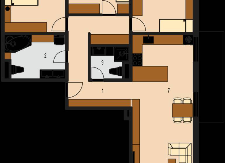 Floor plan of a 4-room apartment with a living room, kitchen, three rooms, two balconies, and a bathroom.