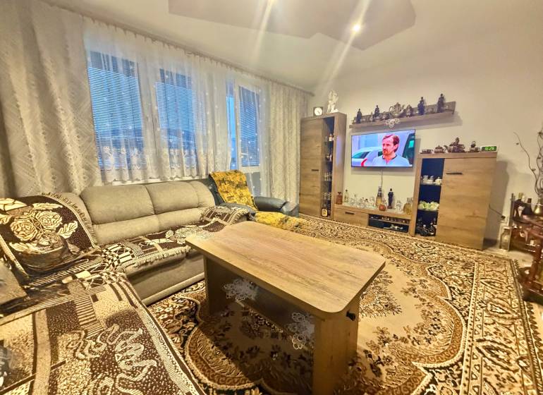 Living room in a two-room apartment with carpets, a sofa set, and a television.