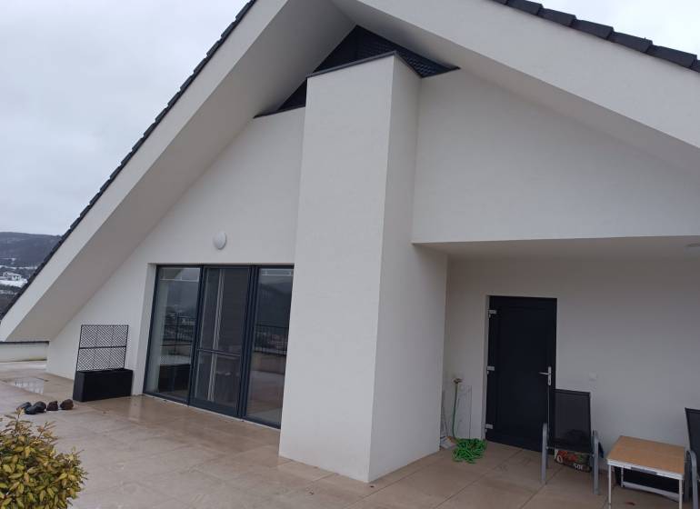 Terrace with white walls and large doors, Nová Baňa, Pod sekvojou Street.