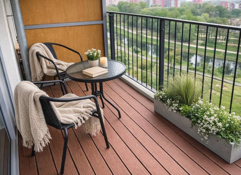A balcony with a wooden decor floor, a table, chairs, and a view of nature.