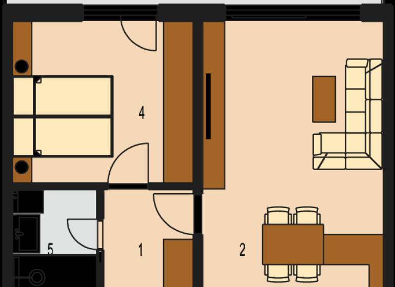 Floor plan of a 2-room apartment with a balcony, living room, kitchen, bedroom, bathroom, and toilet.