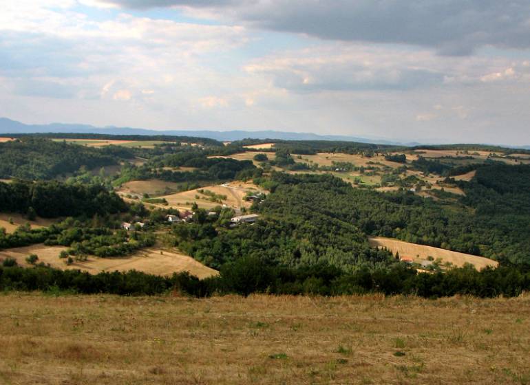 Hilly landscape with forests and open spaces, ideal for rural living.