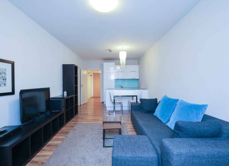 Living room with a sofa and TV in a 2-room apartment, floor with wooden decor.