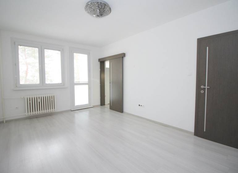 A bright room in a 3-room apartment with wood-patterned flooring and large windows.