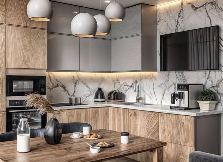 A kitchen in a 3-room apartment with a wooden decor floor and marble walls.