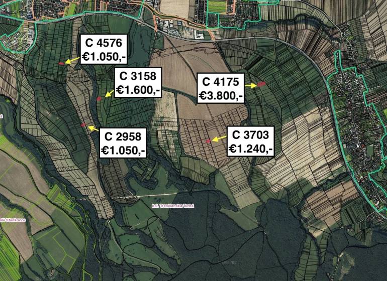 Aerial map of agricultural and forest lands around Trenčianska Turná with parcel prices.