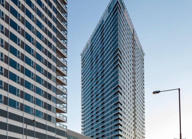Modern high-rise buildings in Bratislava - Old Town on Landererova Street, near the garages.