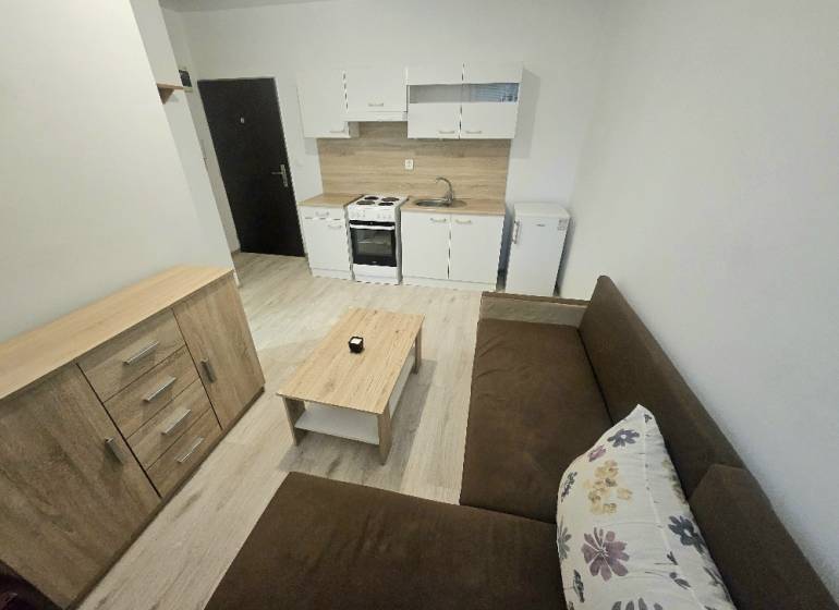 Kitchen area of a one-room apartment with a wooden decor floor and a sofa.