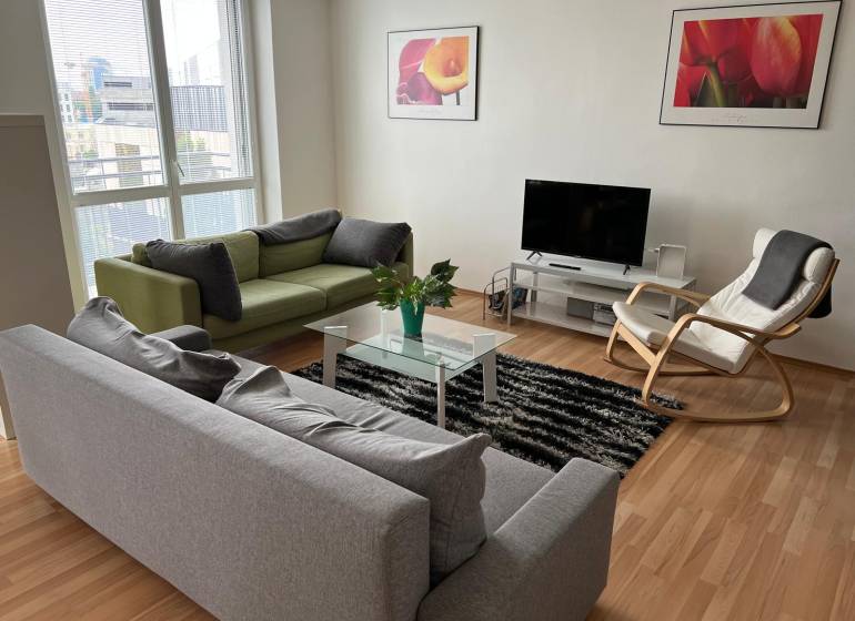 Bright living room with sofas, an armchair, and a television in a 2-room apartment.