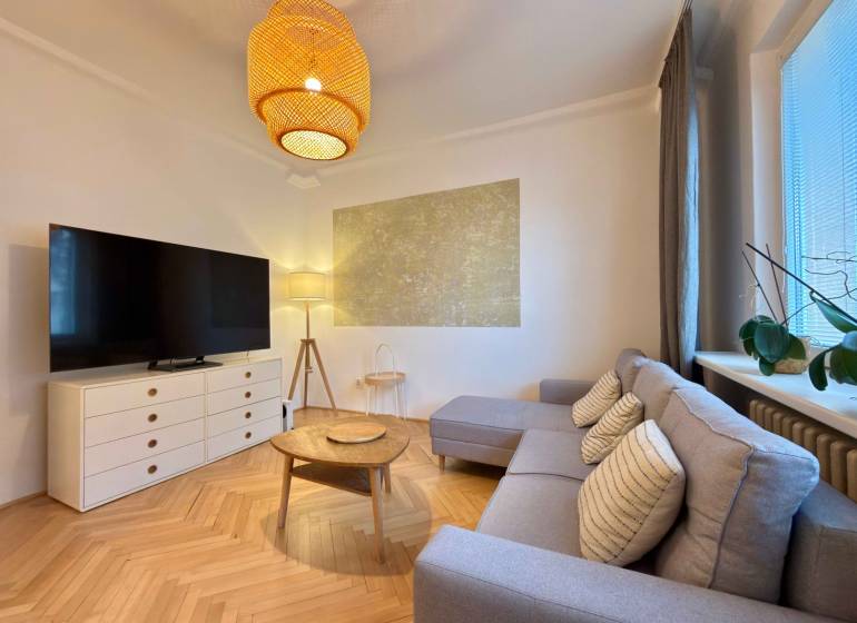 Living room in a two-room apartment with a wooden decor floor, a sofa, and a TV.