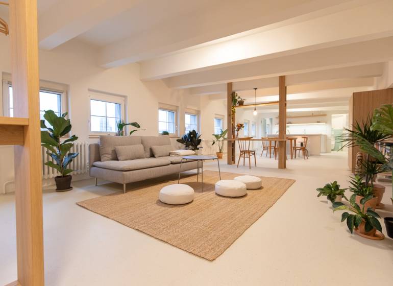 A bright living space in a 3-room apartment with a sofa, plants, and a dining area.