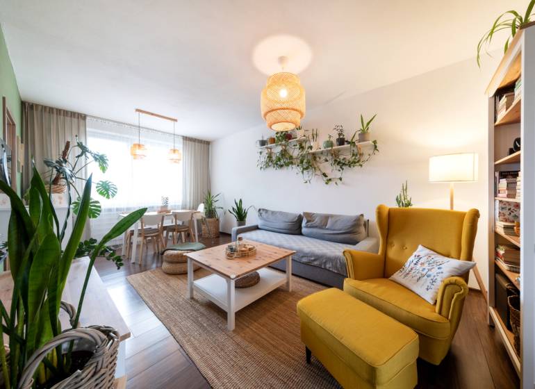 Living room in a 3-room apartment with plants, a yellow armchair, and a wooden decor floor.