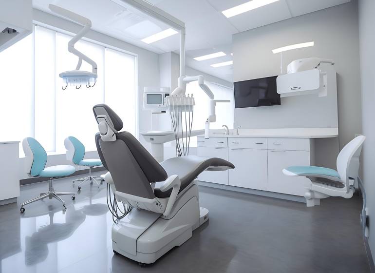 Dentist chair with modern equipment in commercial premises, white walls, large windows.