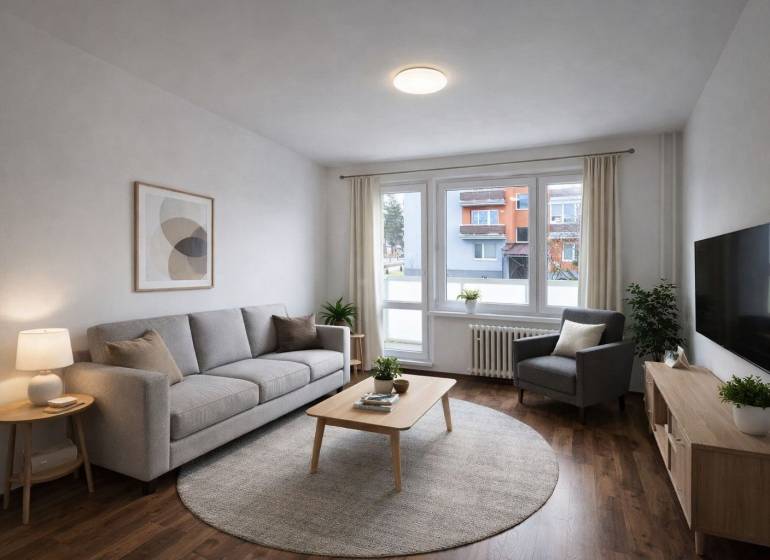Living room in a two-room apartment with wood-patterned flooring and light furniture.