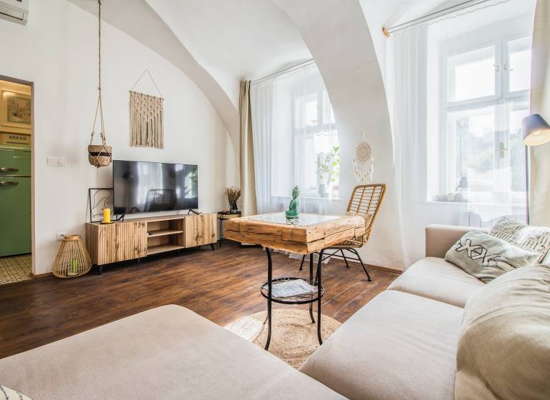 A living room with wood-patterned flooring and comfortable sofa seating in a studio apartment.