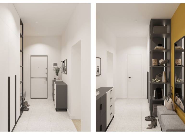 Entrance hall in a 1-room apartment with white walls, a cabinet, and shelves.