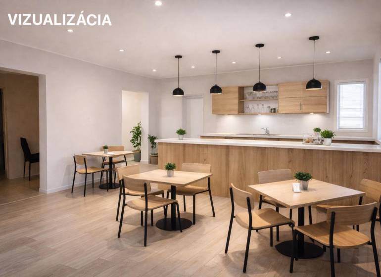 Gastro premises with wood-decor flooring, tables and chairs, minimalist interior.