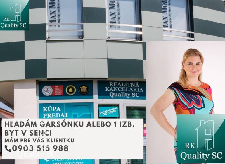 A real estate agency in Senec is looking for a studio or a one-bedroom apartment, contact Quality SC.